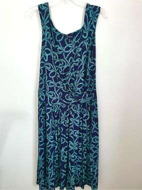 Lands' End Navy and Teal Midi Dress with Teal Rope Print Faux Wrap Stretchy
